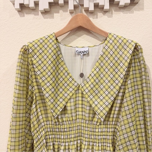 Ganni Yellow Green Point Collar Checked Long Sleeve Mini Dress Size 8 NWT - Picture 6 of 10